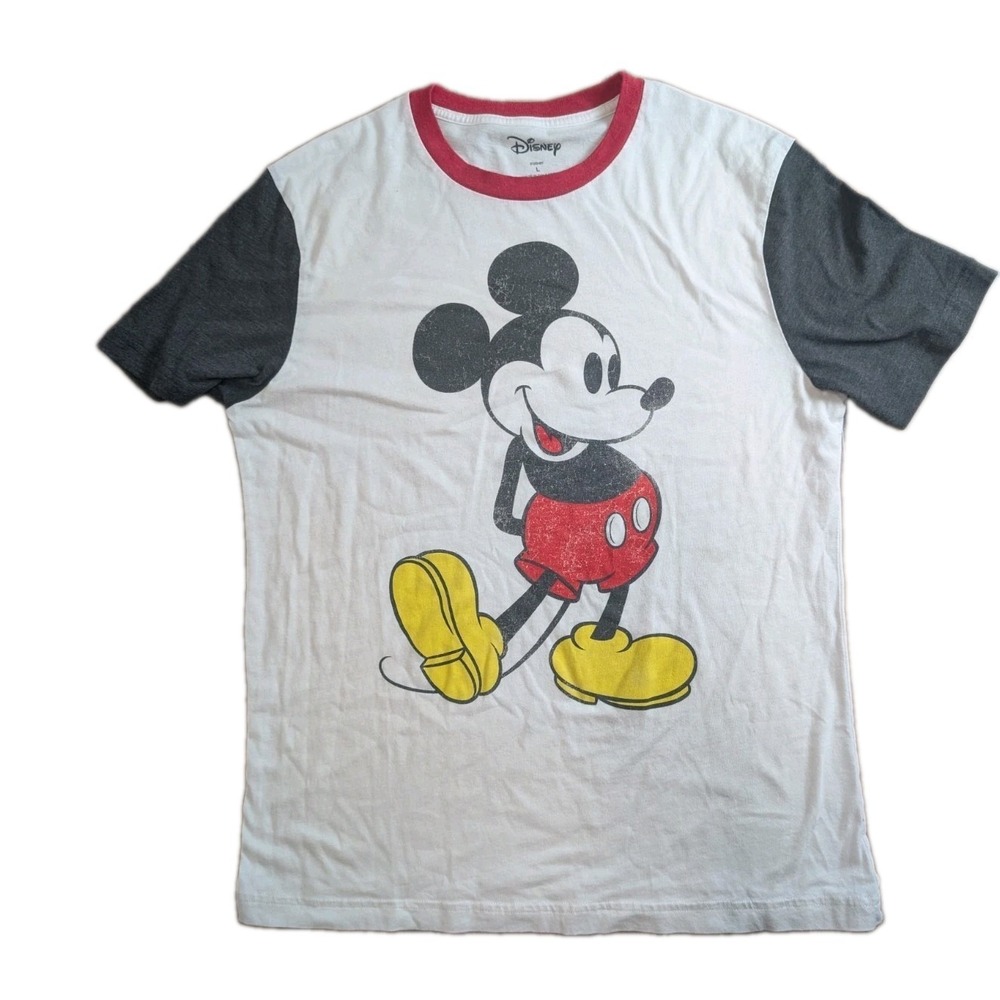 Disney Mickey Mouse Graphic Ringer T-Shirt Adult Large White Gray Red Classic